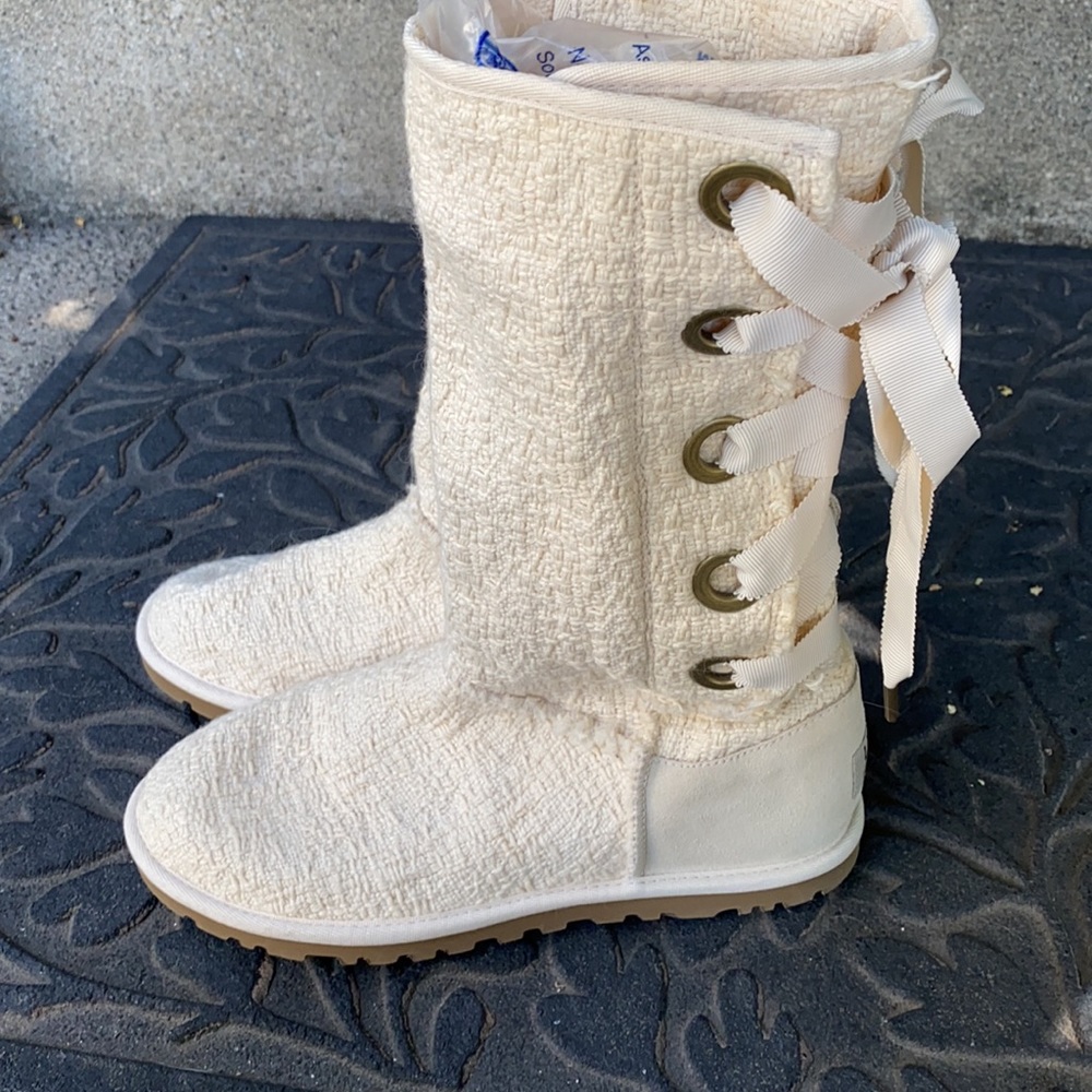 Ugg Heirloom Cream Woven Textile and Genuine Sheepskin Lace Up Ribbon Tall Boots